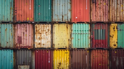 Aufkleber - A bunch of colorful shipping containers stacked on top of each other. Suitable for transportation and logistics concepts