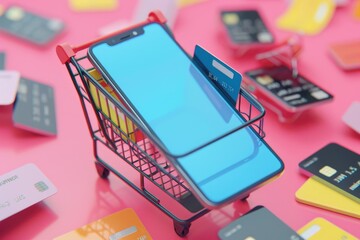 Poster - A shopping cart filled with credit cards and a phone. Ideal for illustrating financial transactions