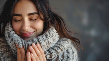 Aufkleber - A woman in a gray sweater holding her hands together. Suitable for various concepts