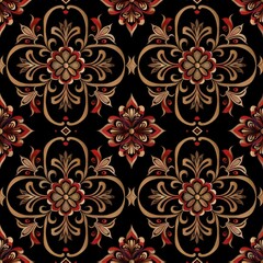 Poster - Elegant red and gold floral design on a black background, perfect for adding a touch of sophistication to your projects