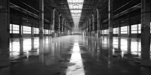 Aufkleber - A black and white photo of an empty warehouse. Suitable for industrial and business concepts