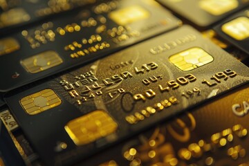 Poster - A pile of gold credit cards stacked on top of each other. Can be used for financial and banking concepts