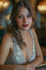 Poster - A woman sitting at a table in a casino. Suitable for gambling and entertainment concepts