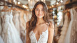 Happy young Caucasian woman, bride trying on a wedding dress in a wedding salon. Engagement and wedding preparation concept.