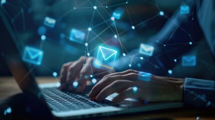 Poster - A person typing on a laptop with email icons emerging from the screen. Suitable for technology and communication concepts