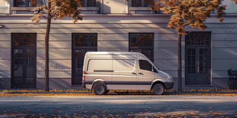 Poster - A white van parked in front of a building, suitable for transportation and logistics concepts