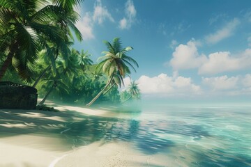 Aufkleber - Beautiful tropical island with palm trees and a boat in the water. Ideal for travel and vacation concepts