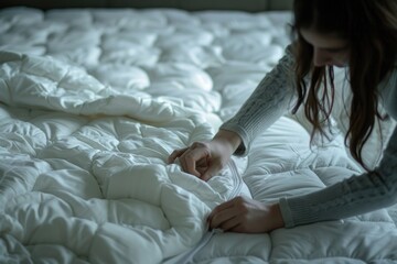 Poster - A woman laying on a bed covered in white sheets. Ideal for home decor or interior design concepts
