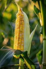 Poster - Close up of a single ear of corn on a stalk, perfect for agricultural or food industry projects