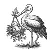 stork carrying a newborn baby, depicting the classic myth of stork delivery sketch engraving generative ai fictional character vector illustration. Scratch board imitation. Black and white image.