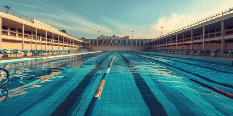 Poster - An empty swimming pool in a spacious indoor facility. Suitable for architectural and urban exploration themes