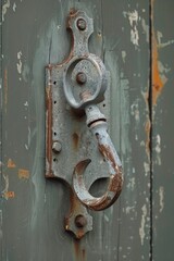 Poster - A weathered rusted door handle on a wooden door. Suitable for home improvement or vintage design concepts