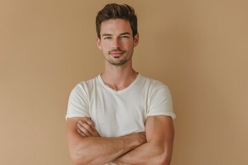 Poster - A man standing confidently with his arms crossed in front of a tan wall. Perfect for business or confidence concepts