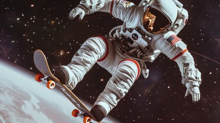 Poster - An astronaut in a spacesuit riding a skateboard. Perfect for space exploration concepts