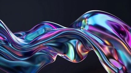 Canvas Print - Colorful wavy glossy surfaces with iridescent reflections. A soft flowing form with holographic colors on a black background