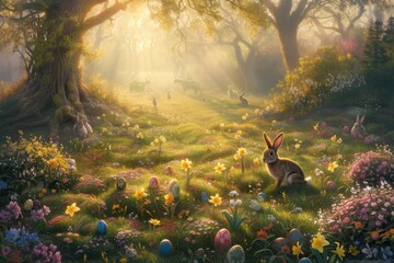 Sticker - A rabbit is nestled among the flowers in a meadow surrounded by lush green grass and beautiful natural landscape in a forest AIG42E