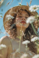 Poster - A woman wearing a straw hat in a beautiful field of flowers. Perfect for spring or summer concepts