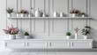 3D mockup of white empty cabinet with shelves on the wall. Kitchen furniture or bookshelf for office and home. Shop, gallery showcase. Blank retail storage space. Interior design furniture