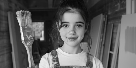Aufkleber - A young girl holding a brush and a paintbrush. Suitable for art and creativity concepts