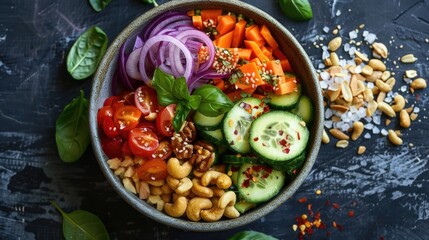 Fresh assortment of vegetables and nuts, perfect for a healthy snack or meal prep