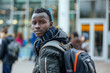 Portrait of  young Afro-American young man  with backpack standing  in school or education center. Refugee or immigrant education. AI Generated