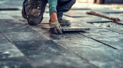 Poster - A man is working on a tile floor, suitable for construction projects