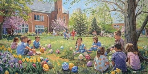 Sticker - A group of toddlers is sharing the joy of playing with Easter eggs in the grassy meadow, smiling and having fun in the natural landscape AIG42E