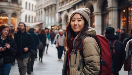 Young Asian female tourist in European city.