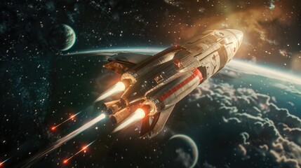 Poster - A space ship flying through the air with a distant planet in the background. Ideal for sci-fi and futuristic concepts