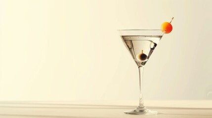 Poster - Elegant martini glass with olive garnish on a wooden table. Great for cocktail party concepts