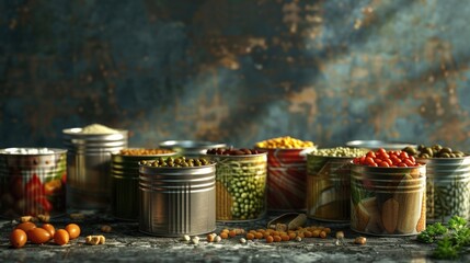 Poster - Various types of food stored in metal tins. Suitable for food and nutrition concepts
