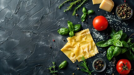 Wall Mural - Various types of food displayed on a black table. Great for food and beverage concepts