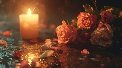 Poster - A simple arrangement of a candle and flowers on a table. Suitable for various occasions and events