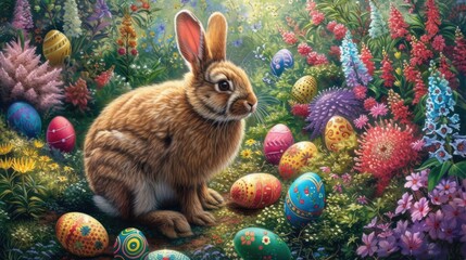 Audubons Cottontail rabbit is hidden in the vegetation next to Easter eggs in its natural environment of grass and flowers AIG42E