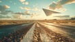 Paper airplane flying over a wet road amidst a desert landscape during sunset