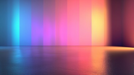 Poster - Smooth reflective flooring with a multi-colored gradient wall going from dark blue to red