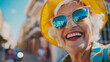 A woman of age, sunglasses, close-up. rejoices in the life of pensioners. 