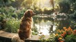 A dog sits on a ledge overlooking a pond surrounded by flowers and trees.