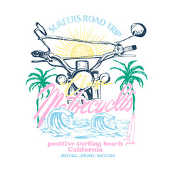 Surfers road trip Vintage Classic Motorcycles hand drawn print design for mixed summer vibes sunset t shirt print design 