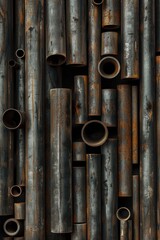 Poster - A bunch of metal pipes stacked on top of each other. Ideal for industrial and construction concepts.