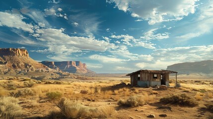 Aufkleber - A small house isolated in the vast desert. Perfect for illustrating isolation and solitude