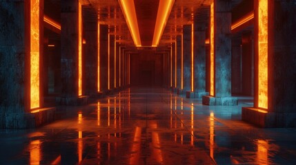 Poster - A long hallway illuminated by warm orange lights. Perfect for interior design projects
