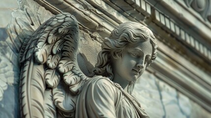 Poster - A close up of a statue of an angel on a building. Suitable for architectural design projects