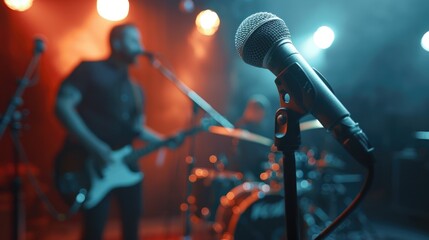Poster - Musician playing guitar with microphone, suitable for music industry concepts