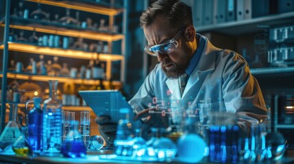 Poster - A man in a lab coat working on a laptop. Suitable for science and technology concepts