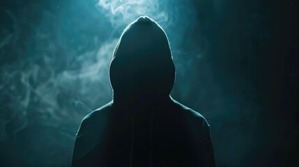 Wall Mural - A person wearing a hoodie standing in a dark room. Suitable for mystery or thriller themes