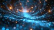 Abstract digital background with blue glowing light rays and data transfer concept. Digital technology, big universe, cyber space, information flow in the dark tunnel
