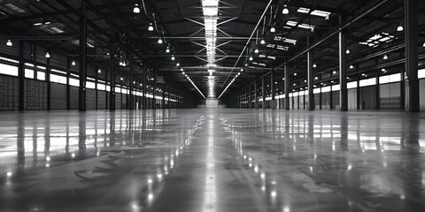 Poster - An empty warehouse captured in black and white. Suitable for industrial and commercial use