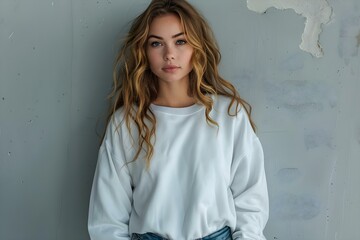 Wall Mural - Mockup of a woman in jeans wearing a frontback sweatshirt for a photo shoot. Concept Mockup, Frontback Sweatshirt, Woman, Jeans, Photo Shoot