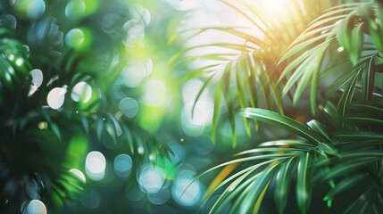 Wall Mural - Tropical Palm Tree Background: Isolated Leaf with Soft Bokeh Effect in the Sun, Perfect for Presentations and Texts.